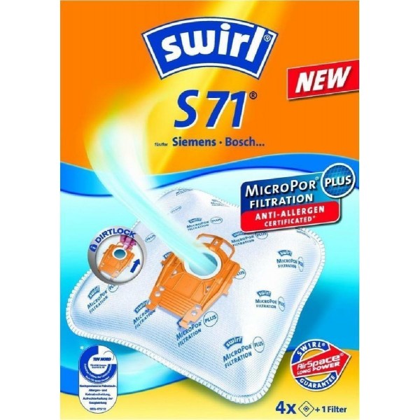 Swirl S71 Σακούλες Σκούπας 4τμχ + 1 φίλτρο Συμβατή με Σκούπα Bosch Siemens (type P)