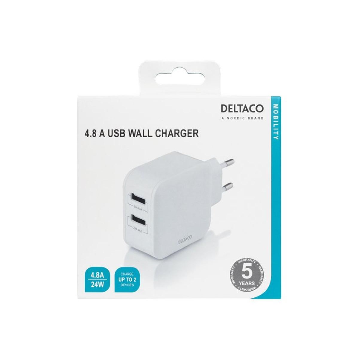 Deltaco USB-AC175 charger 24 watt 2x USB 4.8A white