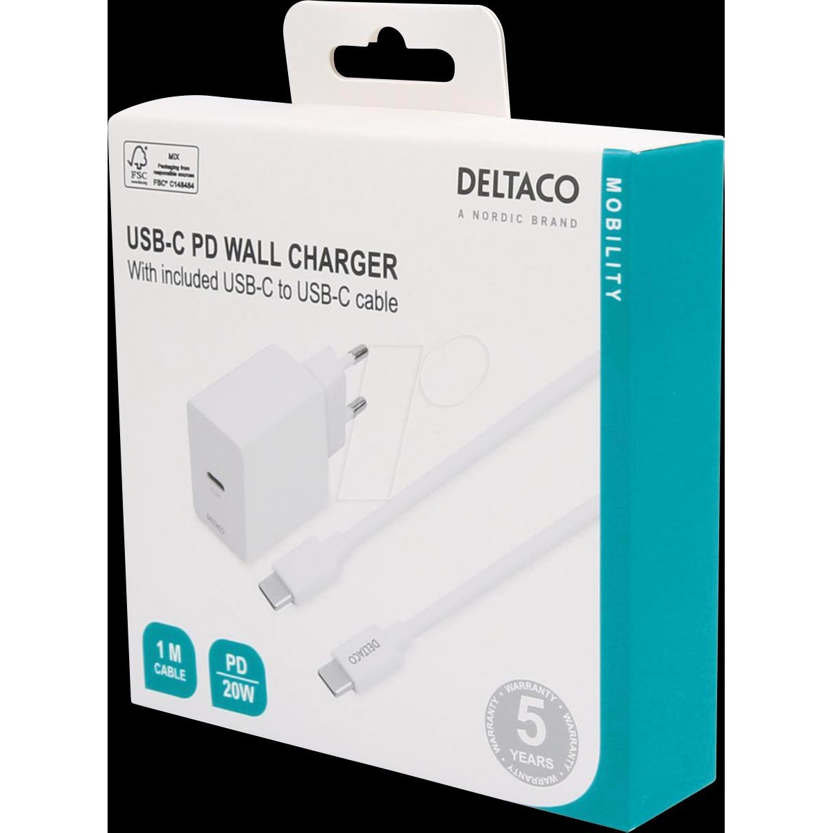 Deltaco USBC-AC146 PD charger 20 watt USB-C+USB-C cable 1m white