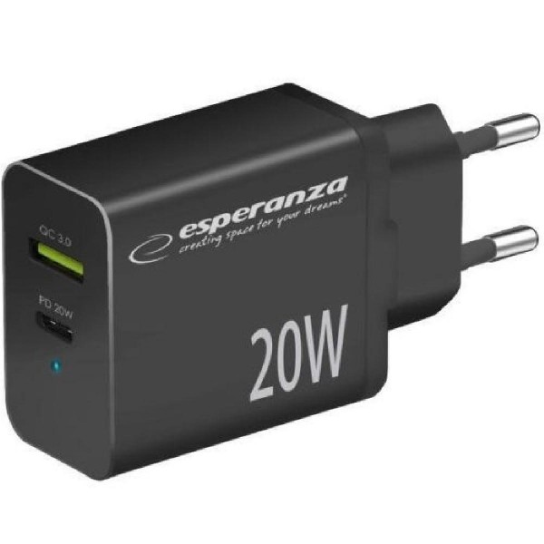 Esperanza (EZC105K) Φορτιστής Adaptor 20W USB-C PD 20 watt & USB-A QC 3.0 18 watt