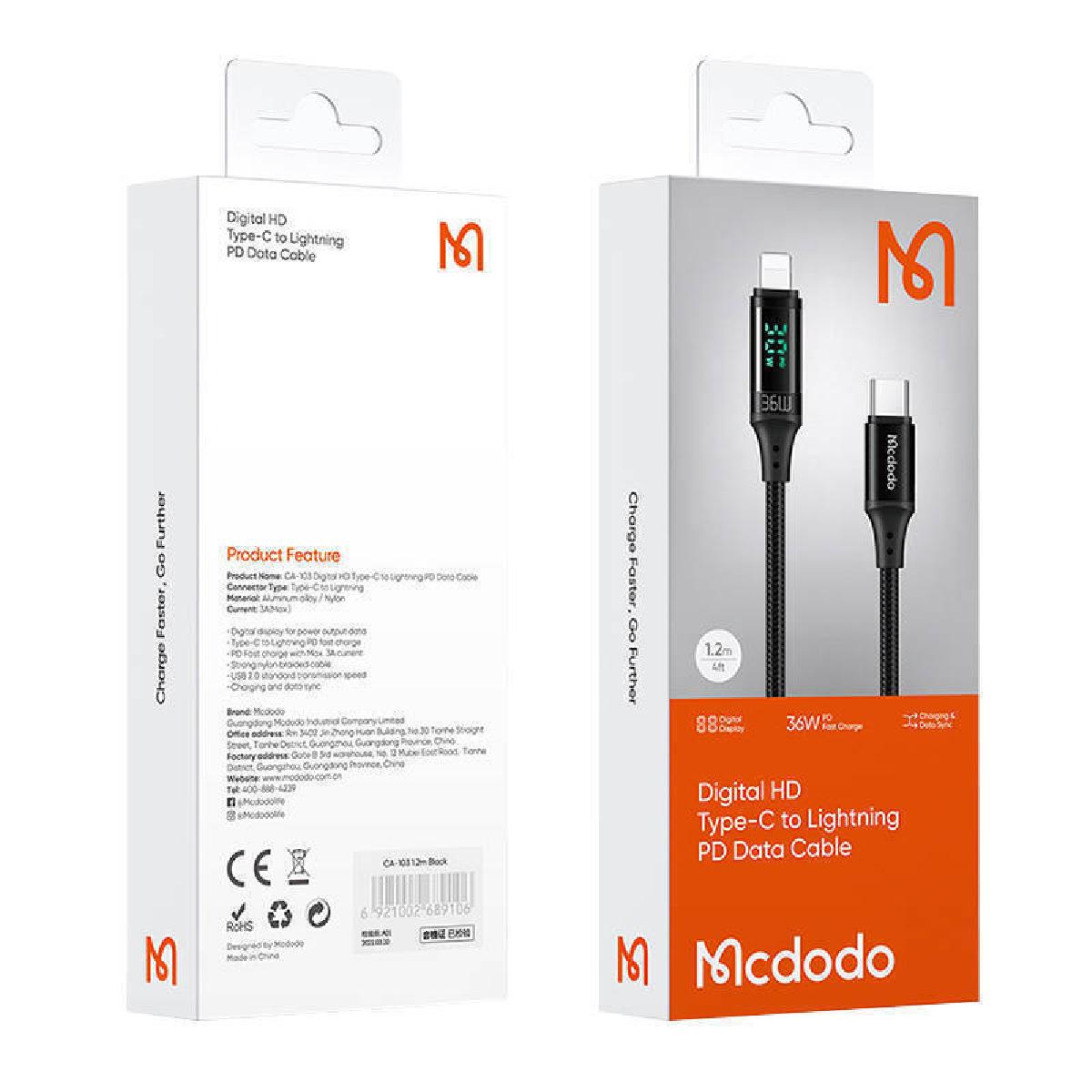 Mcdodo CA-1030 Digital Dispaly 36W Type-C to Lightning  Data Cable 1.2m Black