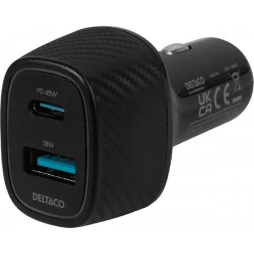 Deltaco USBC-CAR123 fast charging dual usb USBA/USB-C car charger 63 watt black