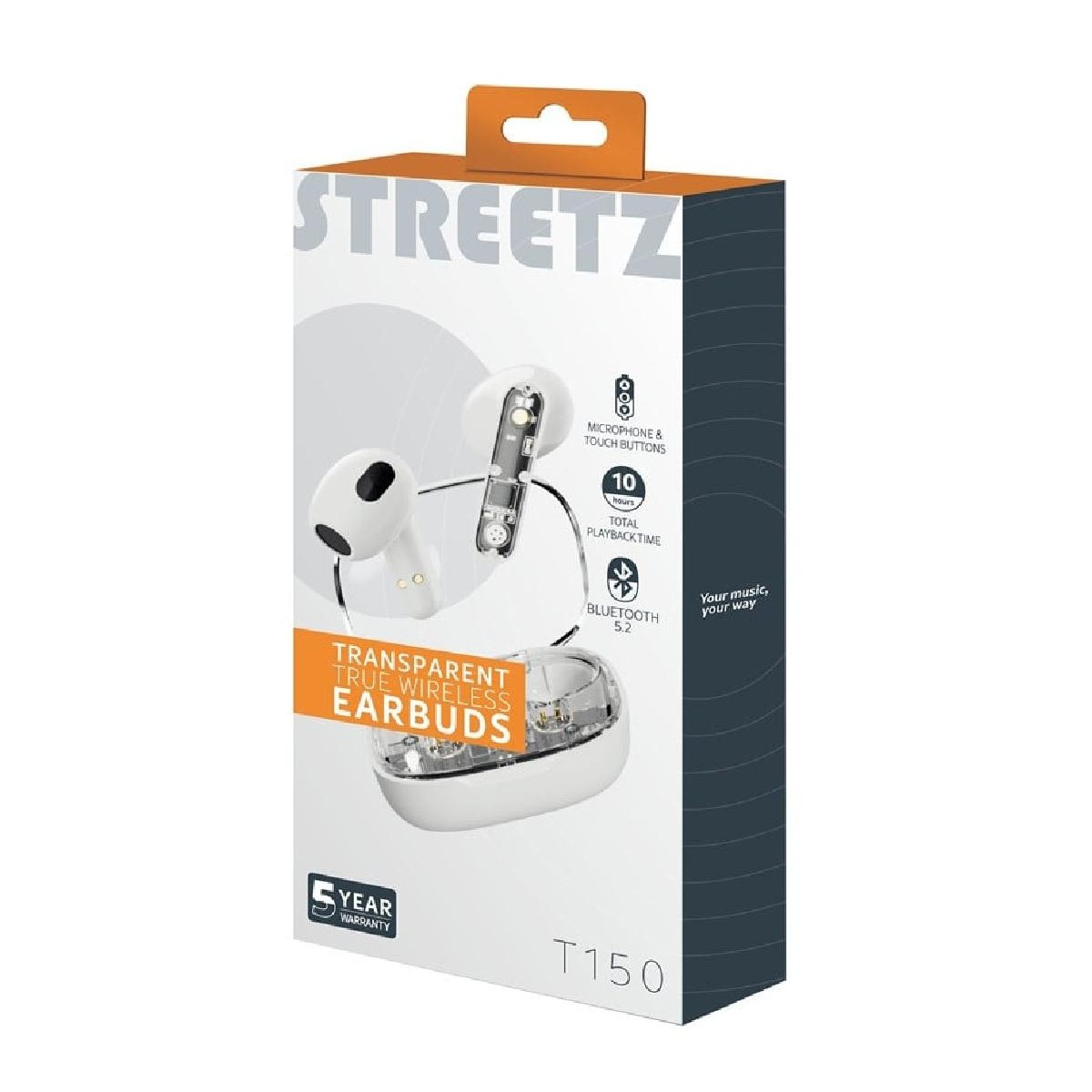 Streetz T150-WH bluetooth earbuds transparent white